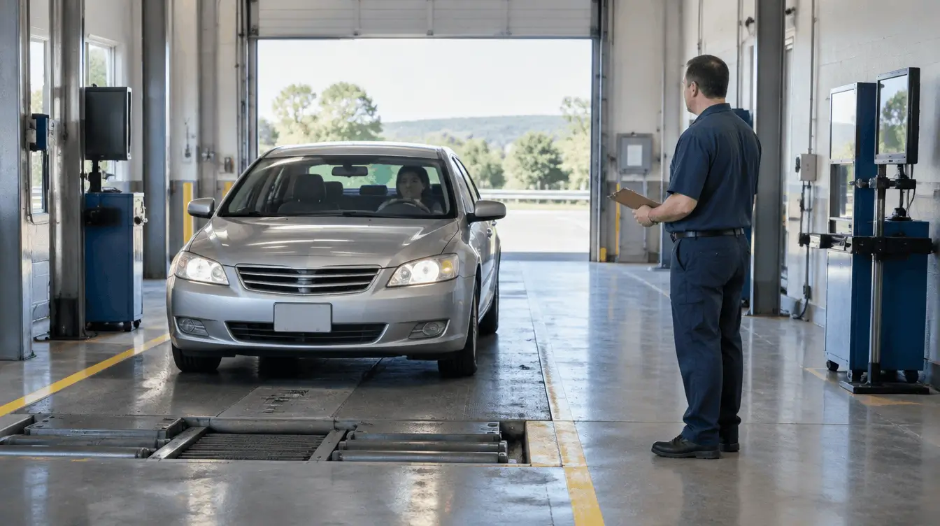 Silver sedan easing into a DMV inspection lane bay as an inspector holding a clipboard watches it pull in