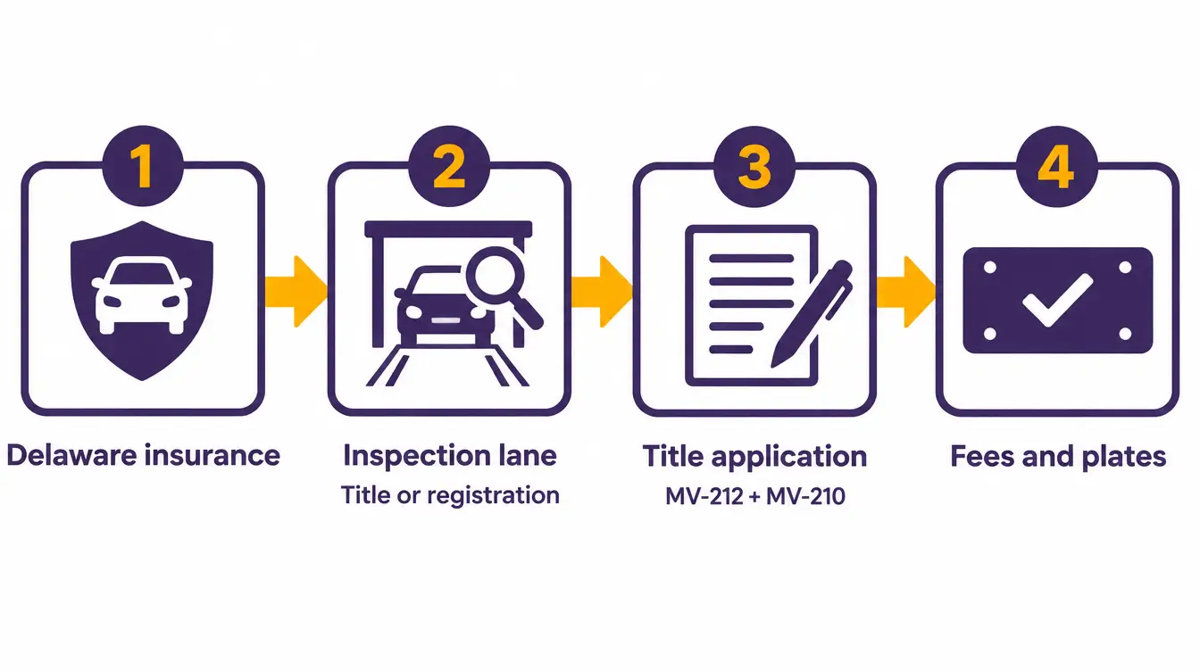 Four steps to register an out-of-state car in Delaware: 1, Delaware insurance; 2, the inspection lane with the title or registration; 3, the title application on forms MV-212 and MV-210; 4, fees and plates
