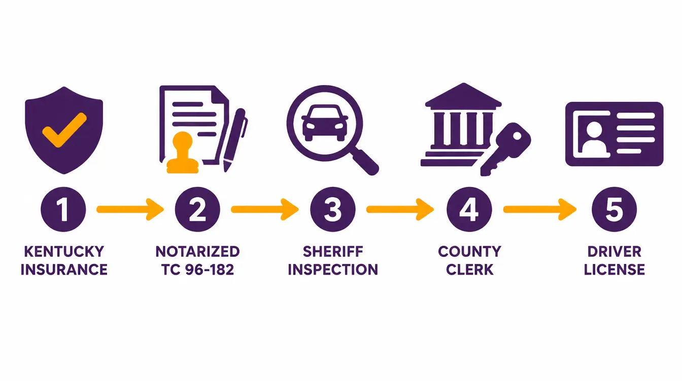 Five steps to register an out-of-state car in Kentucky: 1, Kentucky insurance; 2, a notarized form TC 96-182; 3, the sheriff inspection; 4, the county clerk; 5, the driver license