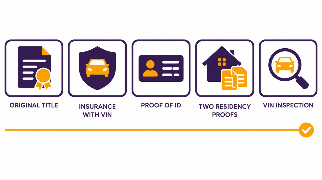 Five things to have ready for a first New Mexico registration: the original title, proof of insurance showing the VIN, proof of ID, two proofs of New Mexico residency and a VIN inspection