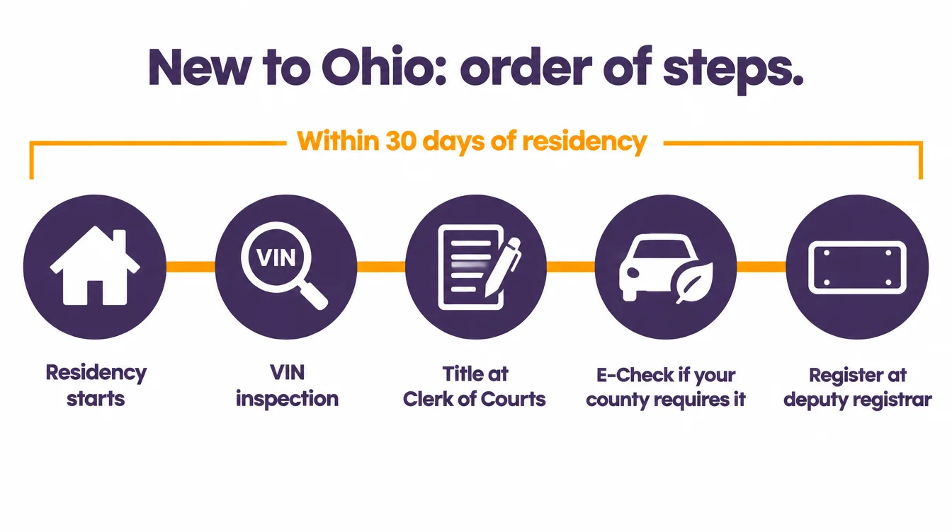 Order of steps for a car moving to Ohio within 30 days of residency: residency starts, out-of-state VIN inspection, Ohio title at a county Clerk of Courts title office, E-Check where the county requires it, then registration at a deputy registrar