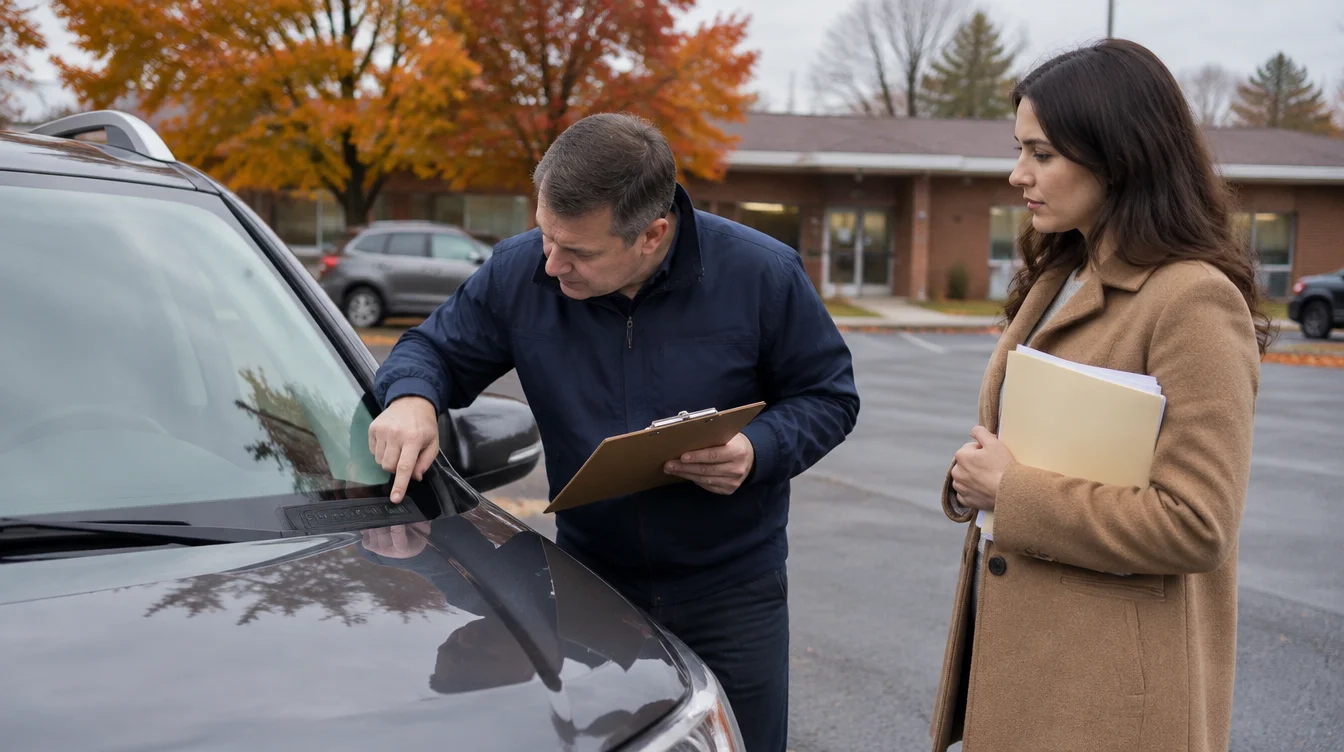 An inspector with a clipboard points to the VIN plate at the base of the windshield of a dark gray SUV in a parking lot outside a brick government office, while the owner in a camel coat holds a folder of papers, with autumn trees behind