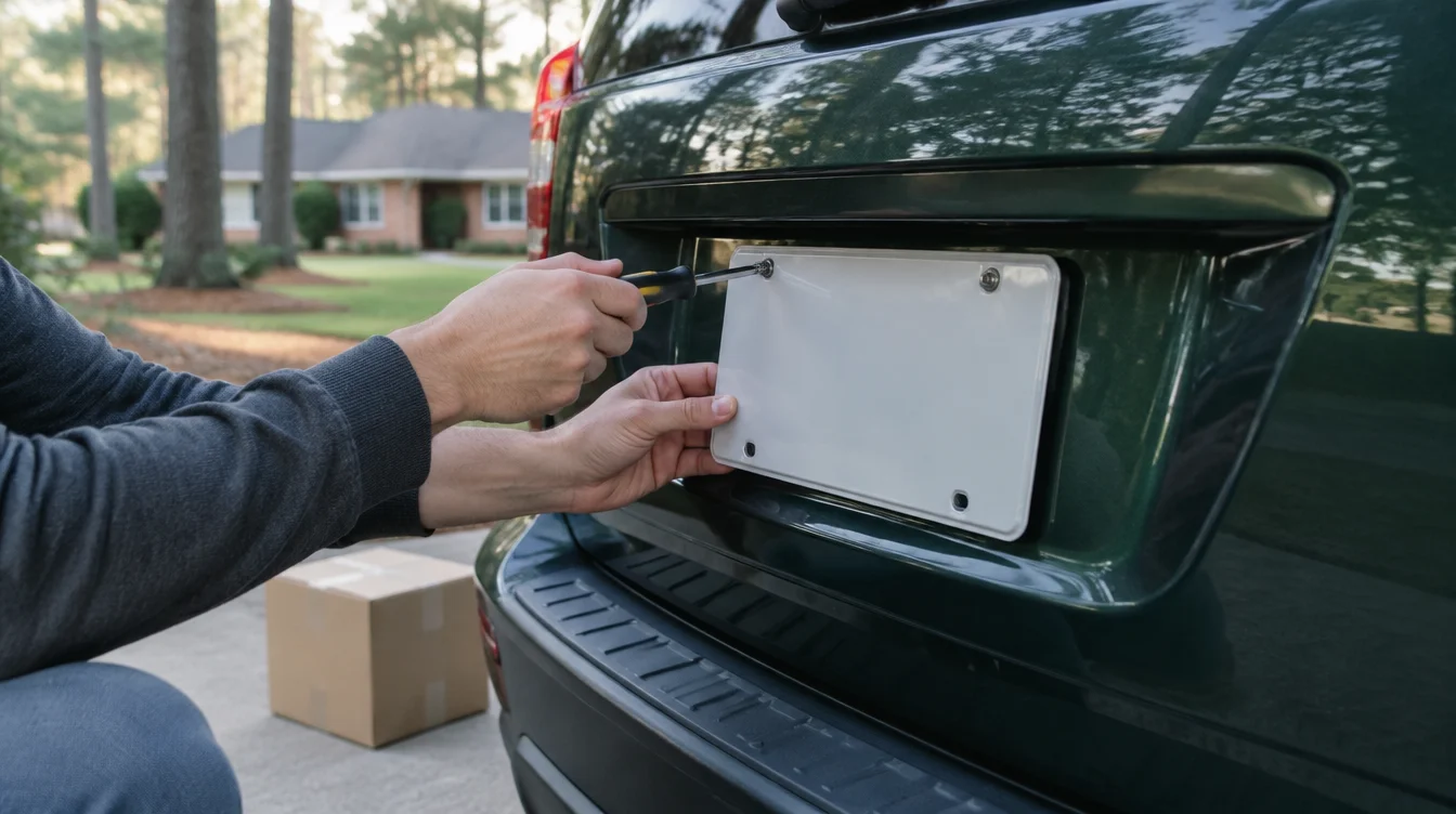 Hands using a screwdriver to remove the rear license plate from a dark green SUV in a driveway, with pine trees, a brick house and a moving box behind