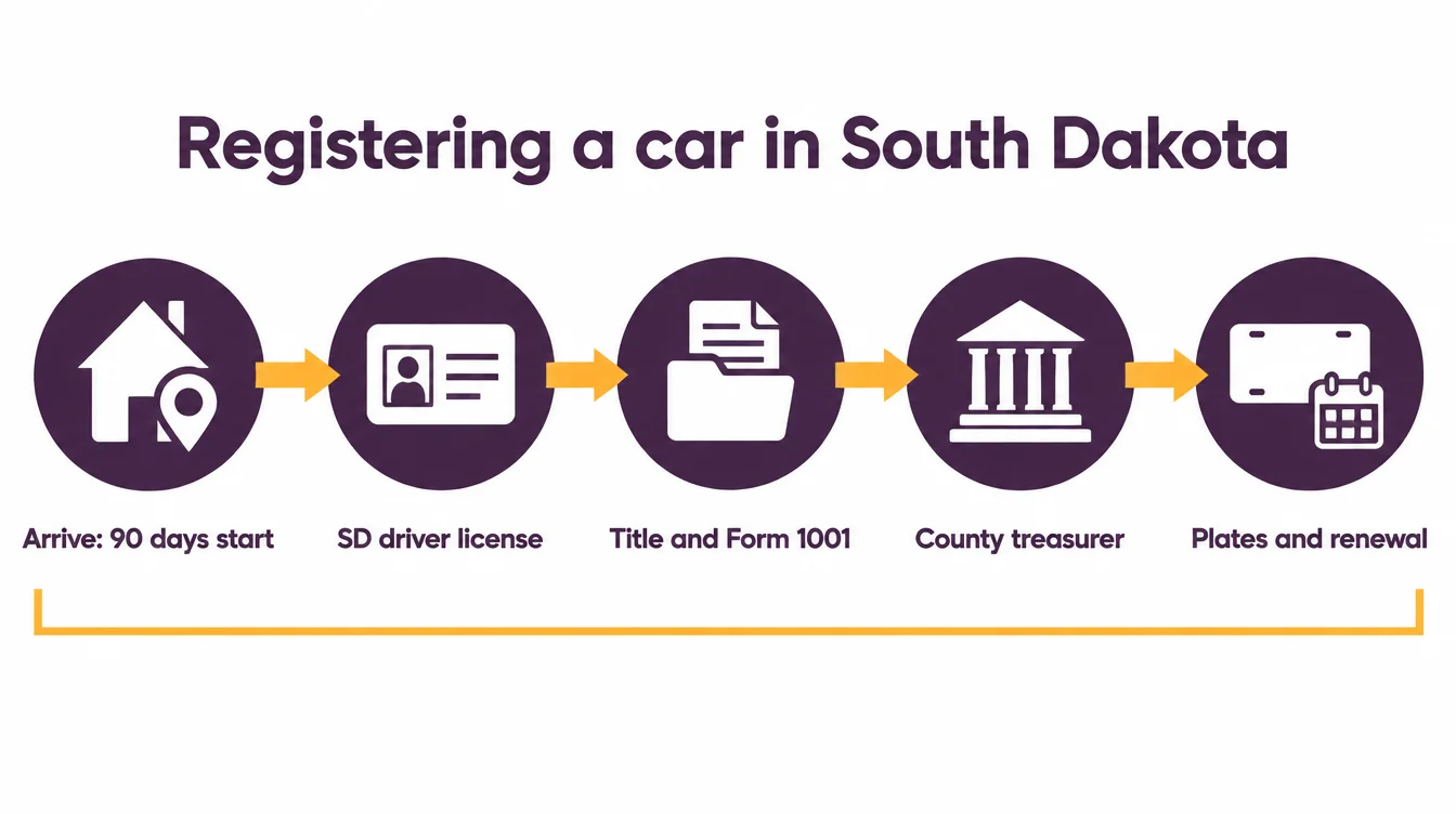 Steps for registering a car in South Dakota: arrive and start the 90 days, get a South Dakota driver license, gather the title and Form 1001, visit the county treasurer, then get plates and renew each year
