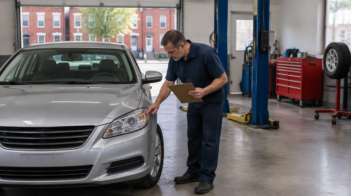 A mechanic holding a clipboard checks the headlight of a silver sedan in an auto repair bay, with a vehicle lift, a red tool chest and red brick rowhouses visible through the open bay door