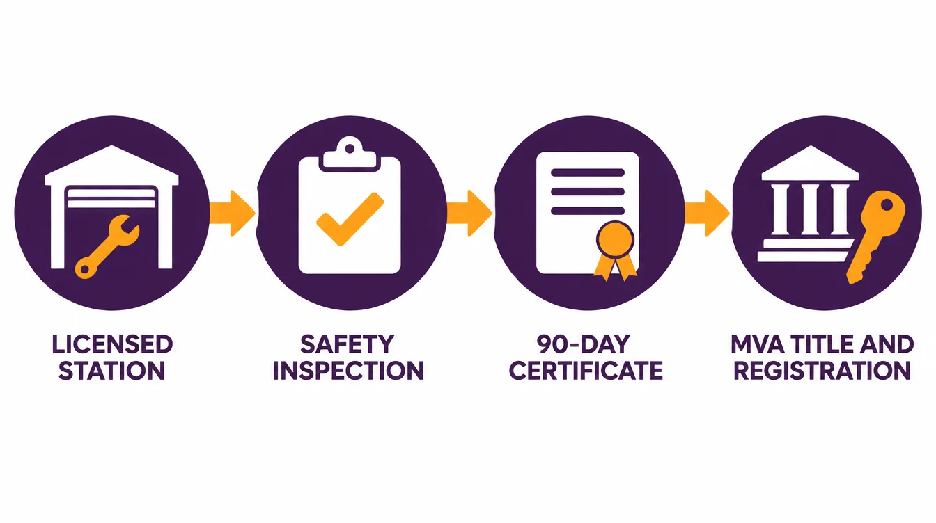 Steps of a Maryland state inspection: a licensed inspection station, the safety inspection, the 90-day certificate, then MVA title and registration
