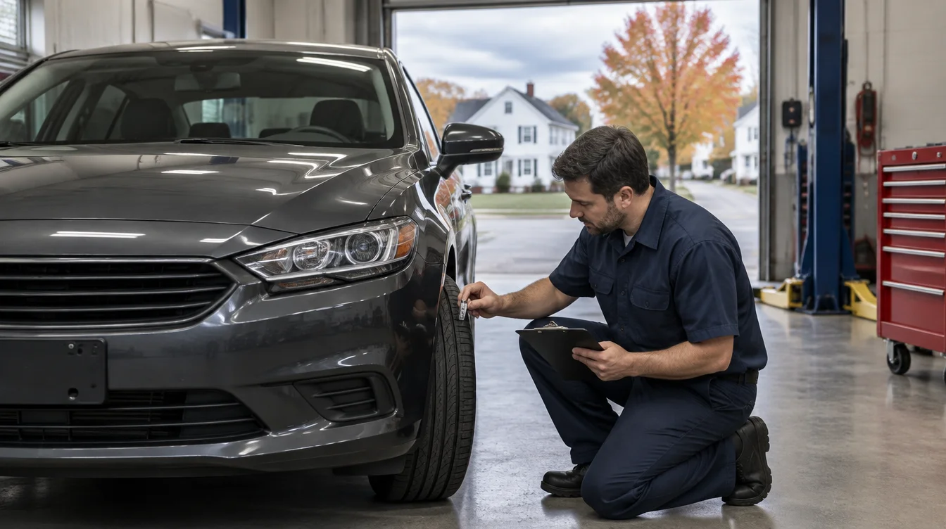 A mechanic kneels beside the front wheel of a dark gray sedan in an auto repair bay, checking tire tread depth, with a white clapboard house and an autumn maple visible through the open bay door