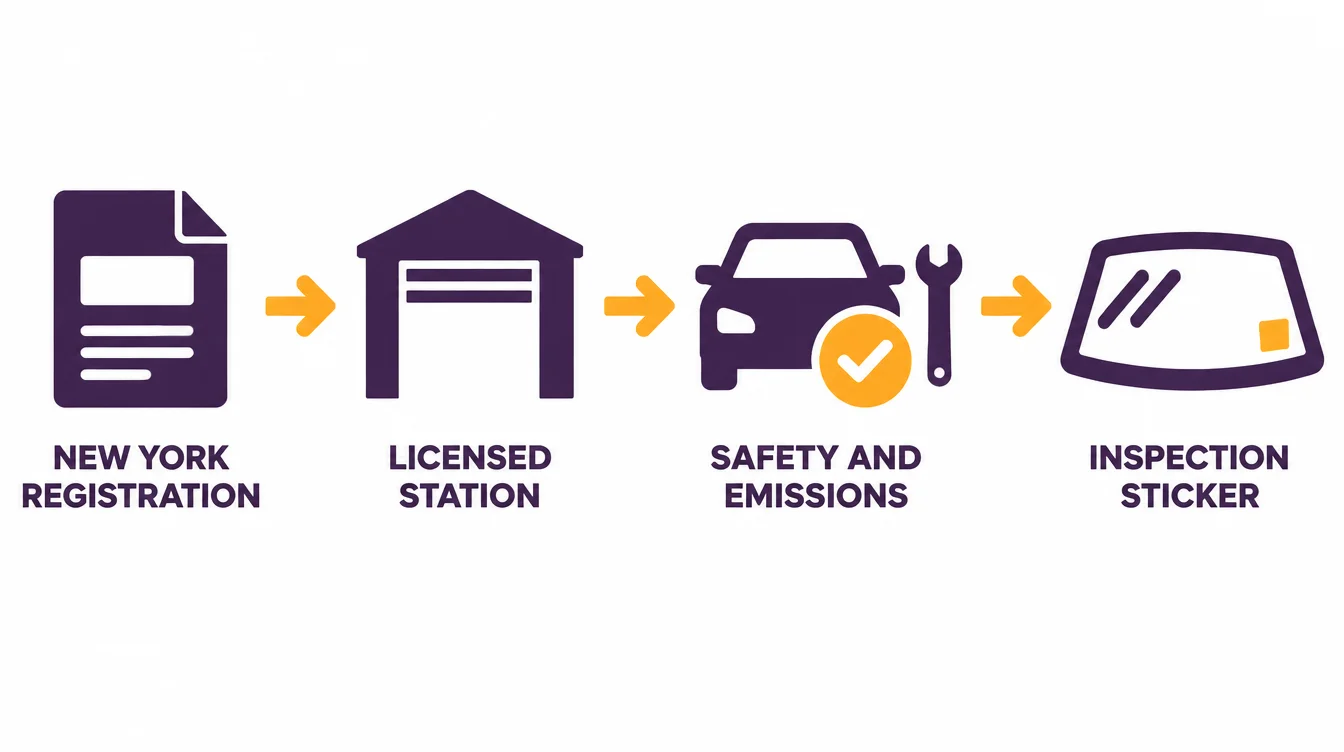Steps of a New York State inspection: New York registration, a licensed inspection station, the safety and emissions inspection, then the inspection sticker on the windshield