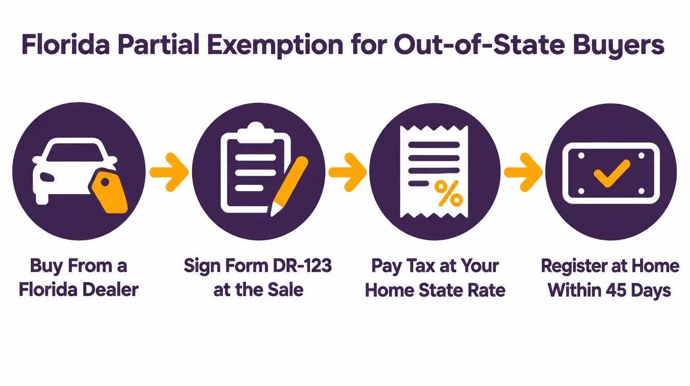 Florida's partial exemption path for an out-of-state buyer: buy from a Florida dealer, sign Form DR-123 at the sale, pay tax at your home state's rate, then register the car at home within 45 days