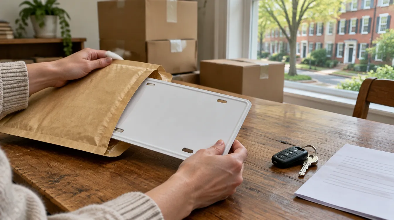 Hands sliding a blank license plate into a padded mailing envelope on a wooden table beside car keys and a sheet of paper, with moving boxes behind and brick townhouses outside the window