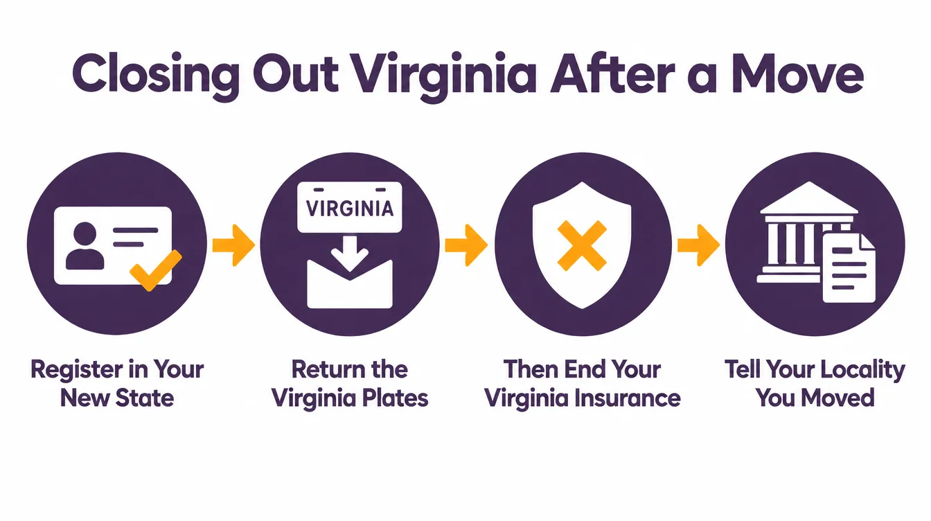 Closing out Virginia after a move: register in your new state, return the Virginia plates, then end your Virginia insurance and tell your locality you moved