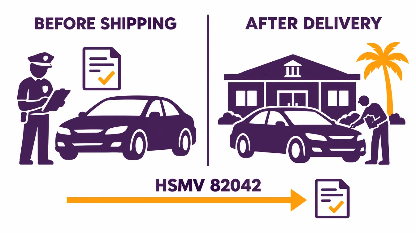 Two ways to get a Florida VIN verification on form HSMV 82042: before shipping, a law enforcement officer checks the car in the state it is leaving; after delivery, staff at a Florida tax collector service center check the VIN at the base of the windshield
