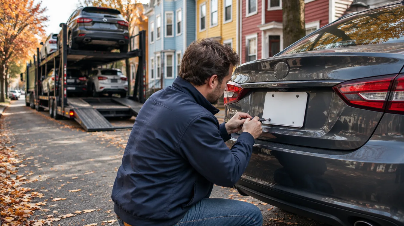 A man unscrewing the rear license plate from a dark gray sedan on a Providence street of colorful wooden houses in autumn, with a loaded open car carrier parked at the curb behind him