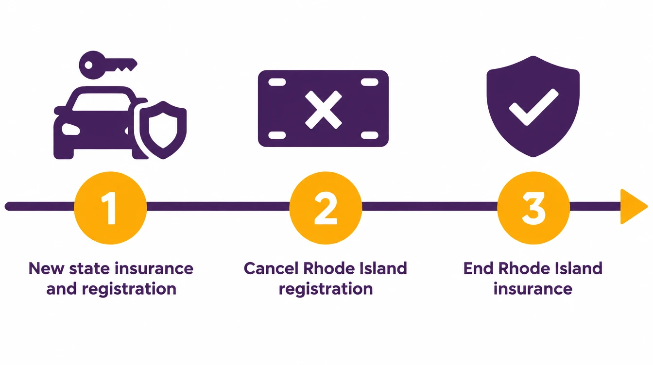 Order for canceling a Rhode Island registration after a move: first insure and register the car in the new state, then cancel the Rhode Island registration, then end the Rhode Island insurance