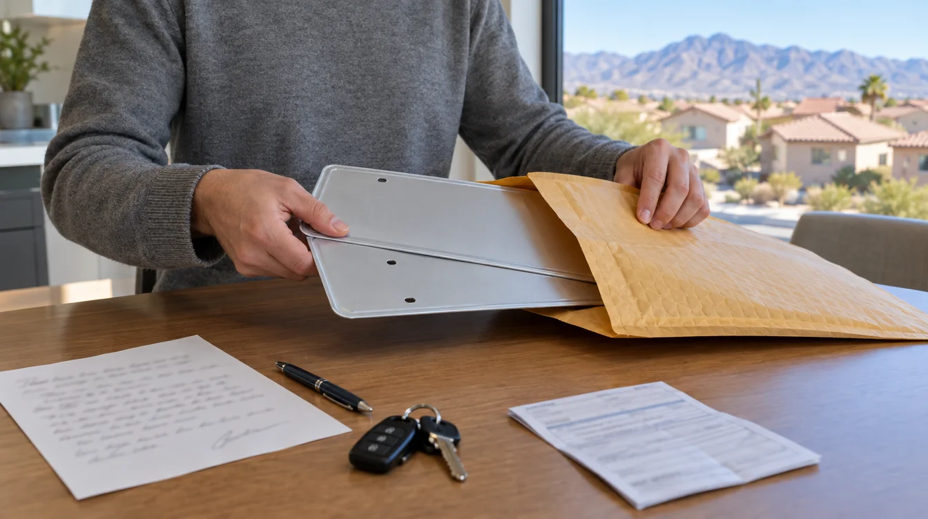 A person sliding two blank license plates into a padded mailing envelope at a kitchen table, with a signed letter, a pen and car keys beside it and a desert suburb with mountains outside the window