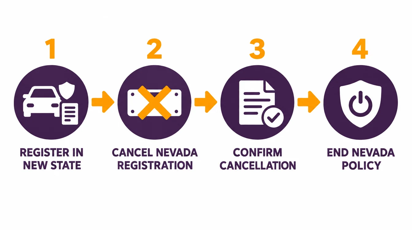 Steps for canceling a Nevada registration after a move: register the car in the new state, cancel the Nevada registration, confirm the cancellation, then end the Nevada insurance policy