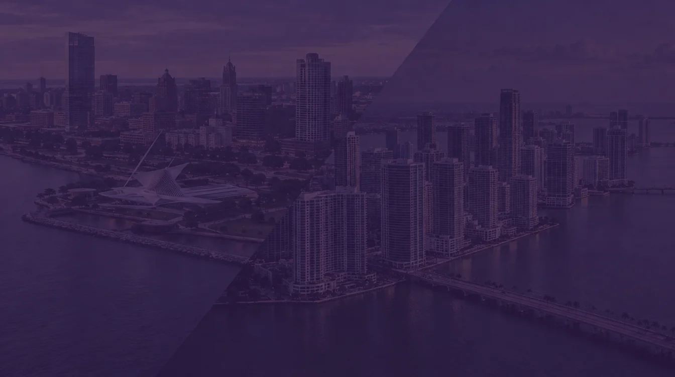 Aerial view of Milwaukee with the Milwaukee Art Museum on Lake Michigan beside the Miami skyline on Biscayne Bay, under a dark purple overlay
