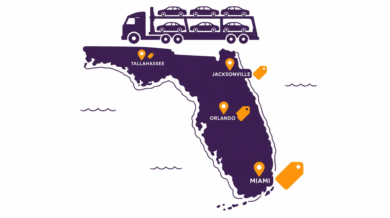 Florida map with Tallahassee, Jacksonville, Orlando and Miami pins whose price tags grow larger toward Miami