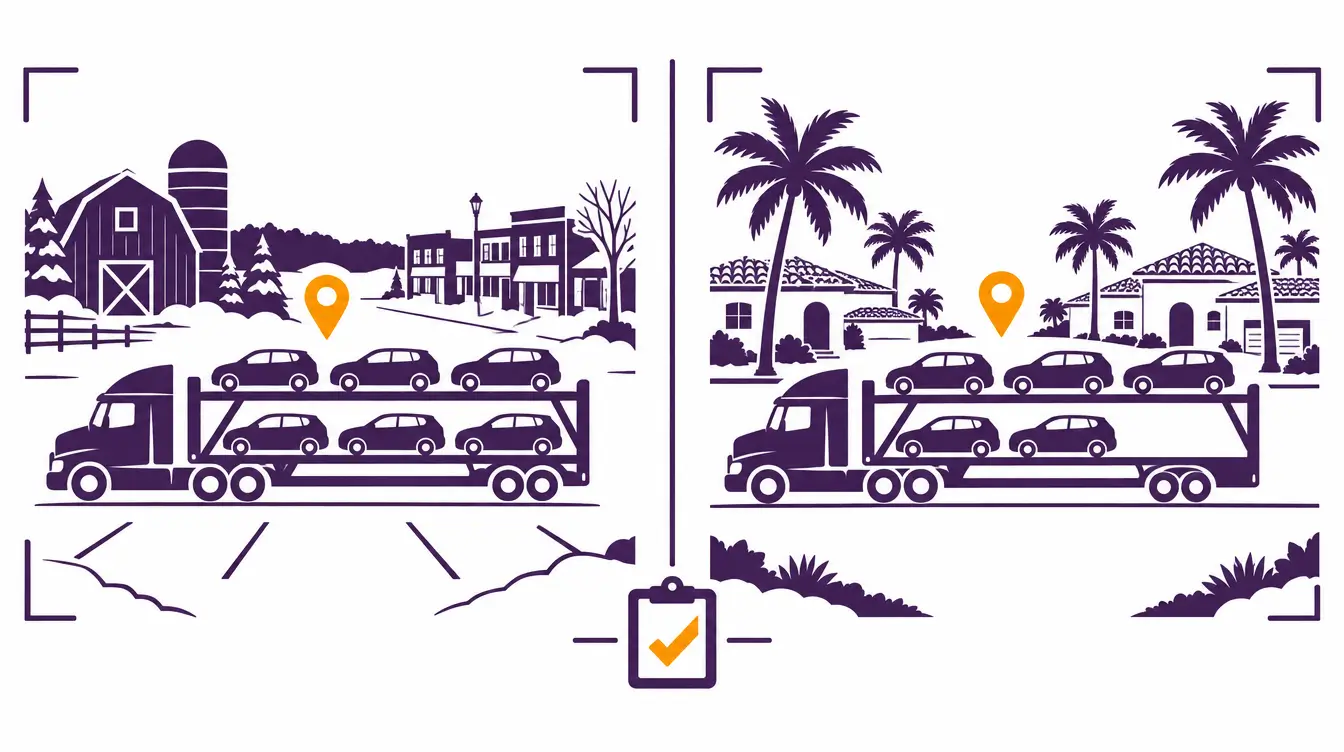 Car hauler at a snowy Wisconsin pickup beside a barn and silo, and at a Florida delivery on a street with palm trees and tile roof houses