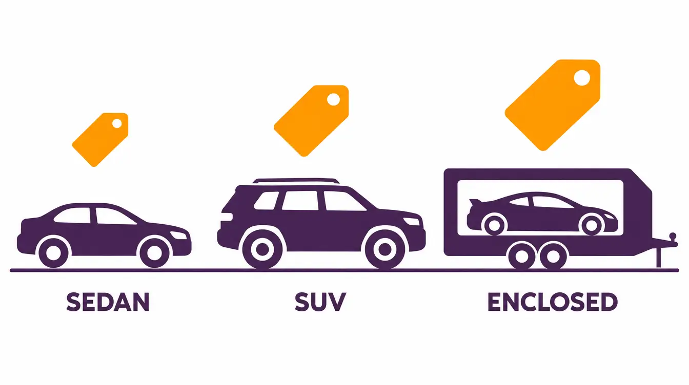 Sedan, SUV and enclosed trailer icons with orange price tags that get larger from the sedan to enclosed transport