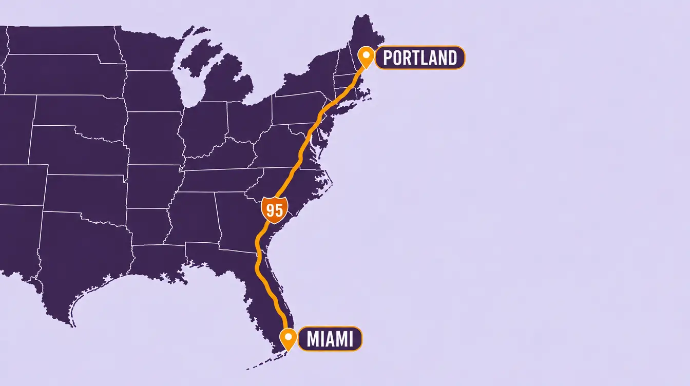 Map of the I-95 car shipping route from Portland, Maine, south along the Atlantic coast to Miami, Florida