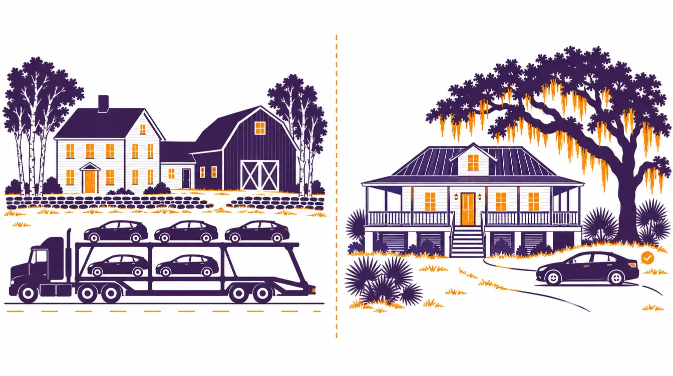 Car carrier pickup at a white farmhouse with an attached barn in Maine and delivery at an Old Florida house with a metal roof under a live oak in Florida