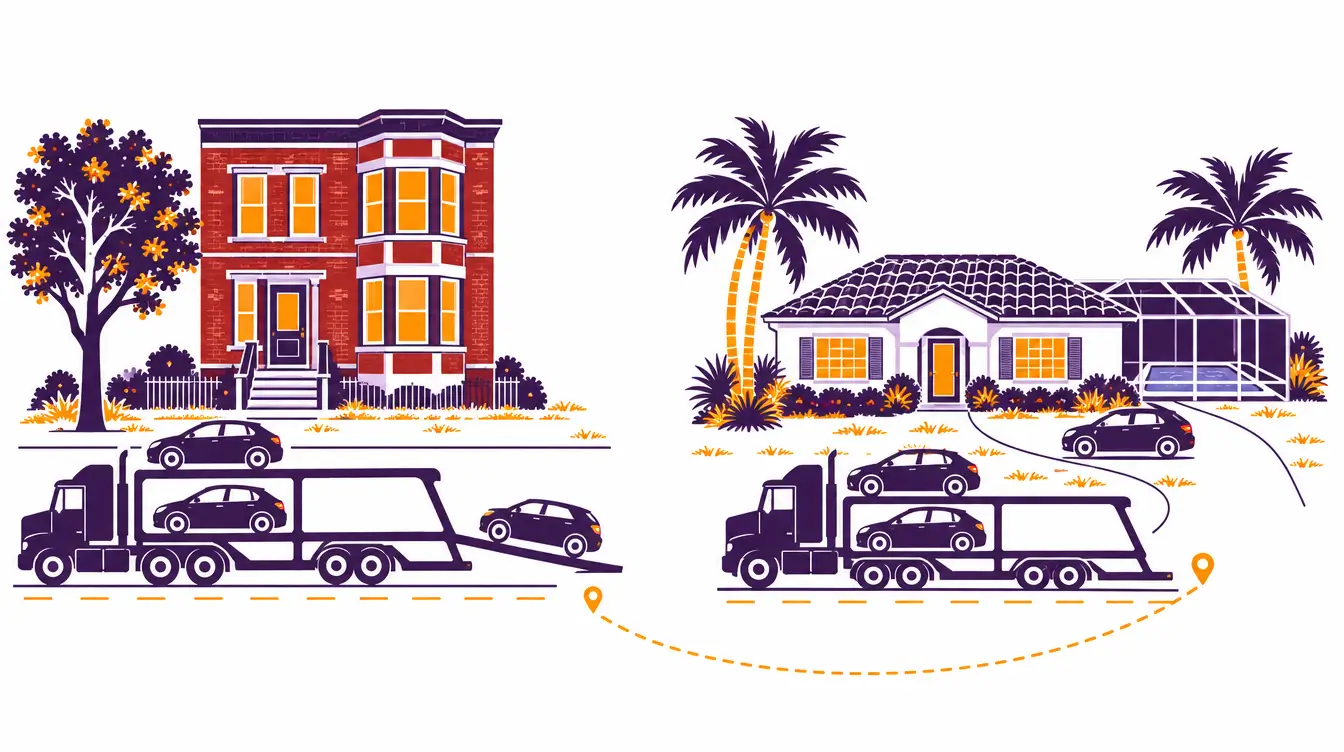 Car carrier pickup at a red brick Chicago two-flat in Illinois and delivery at a Florida ranch home with a tile roof and a screened pool enclosure