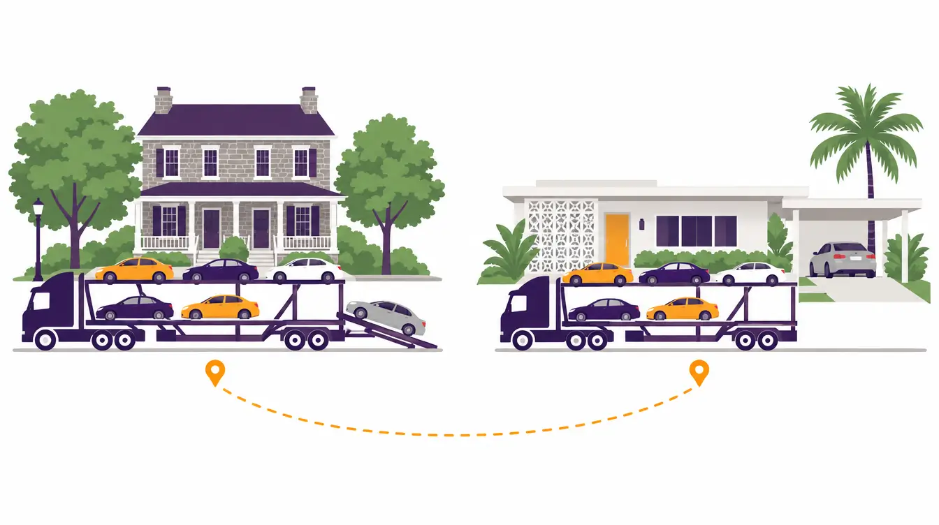 Car carrier pickup at a fieldstone twin house with a front porch in Wilmington, Delaware and delivery at a mid-century modern house with a breeze-block wall in Miami, Florida