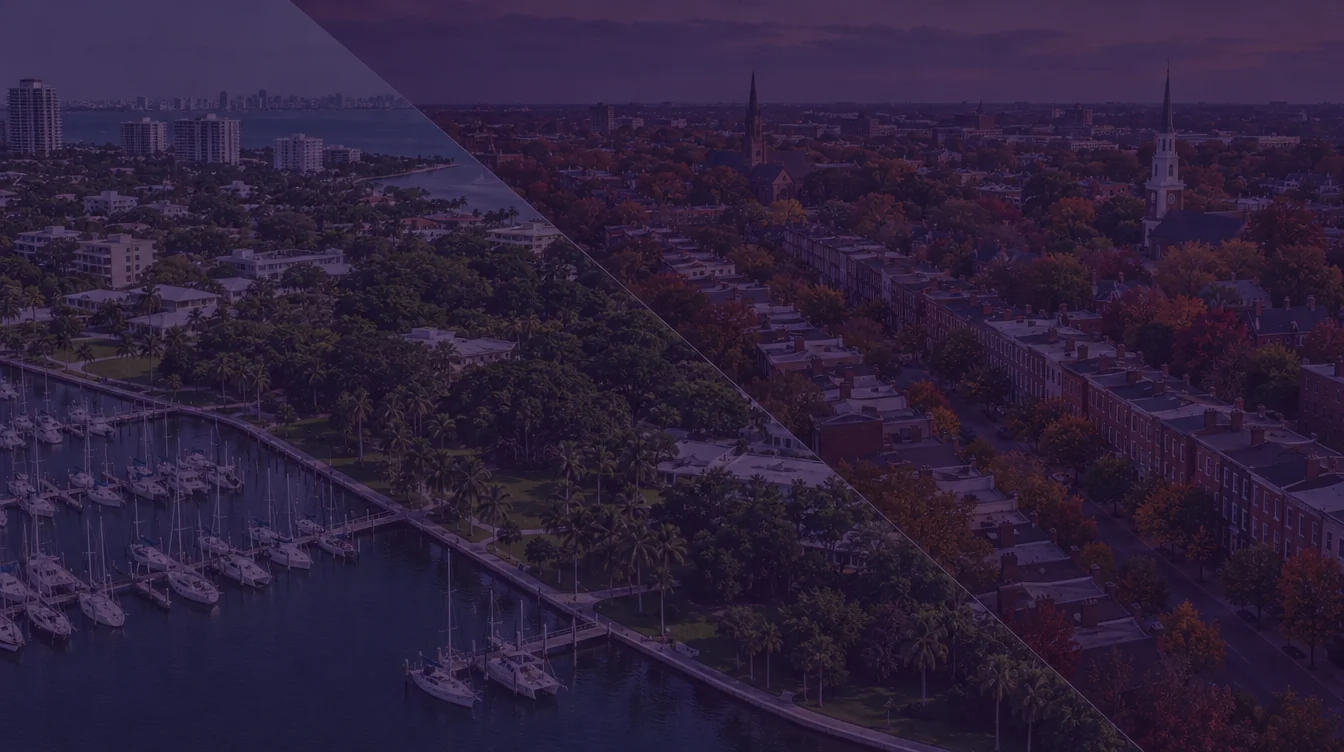 Aerial views of the Coconut Grove marina on Biscayne Bay in Miami and the Trolley Square rowhouse streets of Wilmington, Delaware, split by a diagonal line under a dark purple wash
