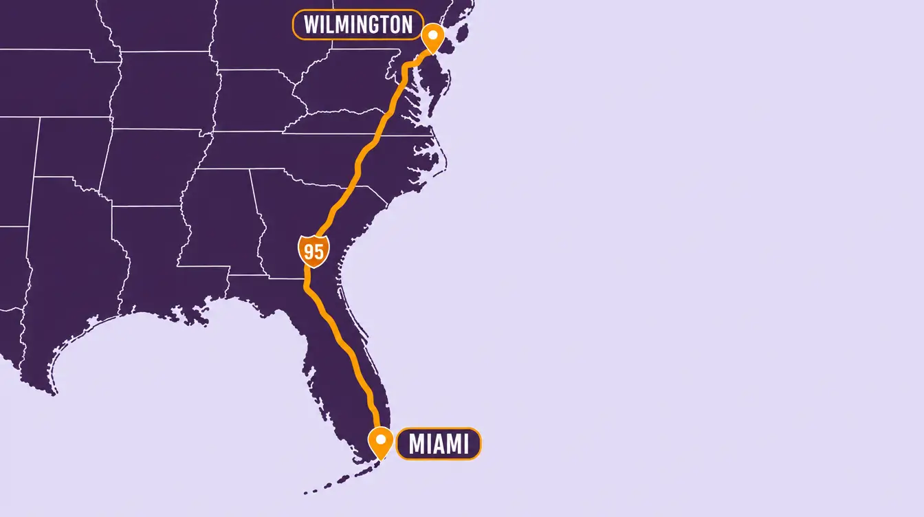 Map of the I-95 car shipping route from Miami, Florida north through Georgia, the Carolinas and Virginia to Wilmington, Delaware