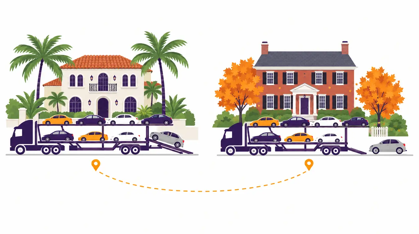 Car carrier pickup at a Spanish revival house with a tile roof in Miami, Florida and delivery at a red brick colonial house in Dover, Delaware