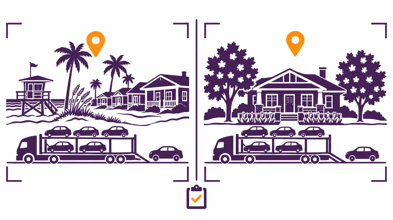 Car hauler loading on a Florida beach street by a lifeguard tower and palms, and unloading at a Michigan craftsman bungalow with spring tulips, with a checked inspection clipboard