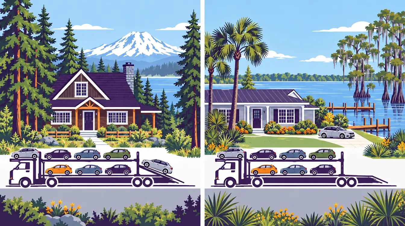 Car carrier loading beside a cedar-sided house among Douglas firs below a snowy peak in Washington State, and unloading at a lakefront home with a dock and cypress trees in Florida