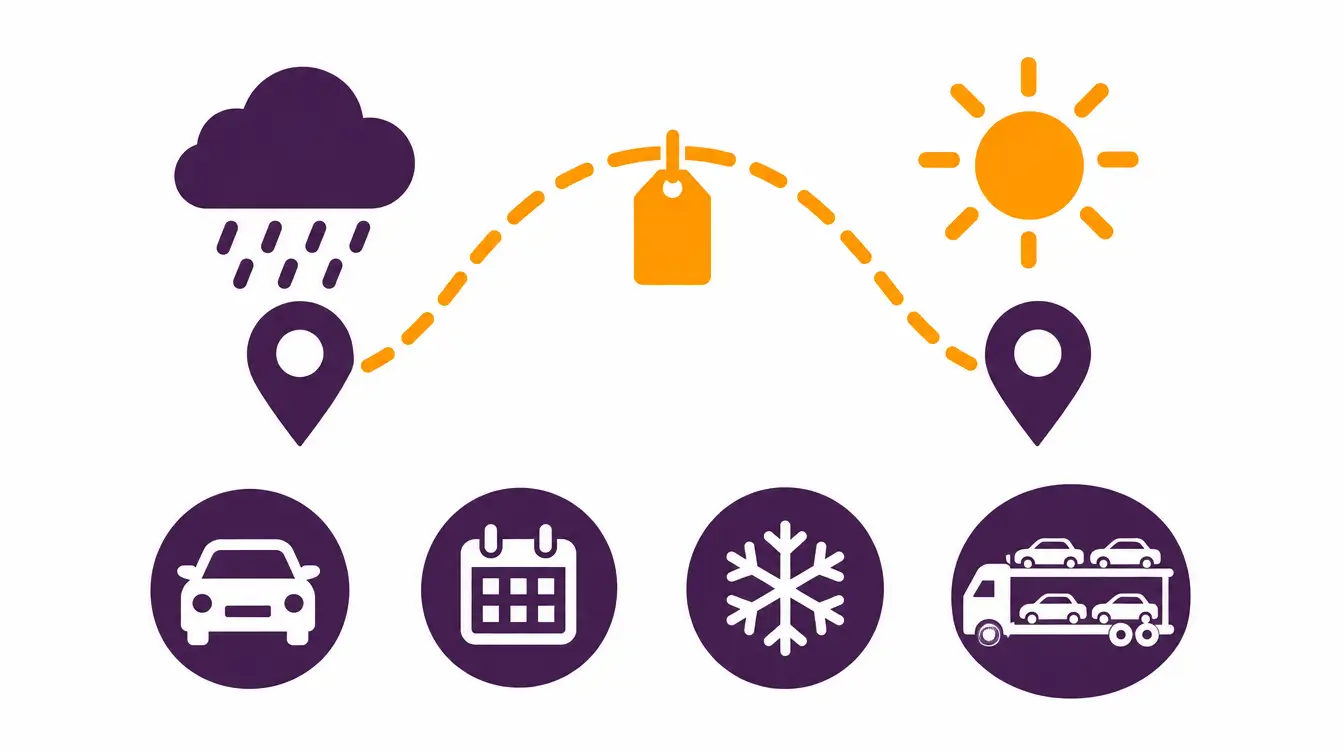 Purple rain cloud over a map pin and an orange sun over a second pin, joined by a dashed orange arc with a blank price tag, above car, calendar, snowflake and car carrier icons, the factors behind Oregon to Florida car shipping costs