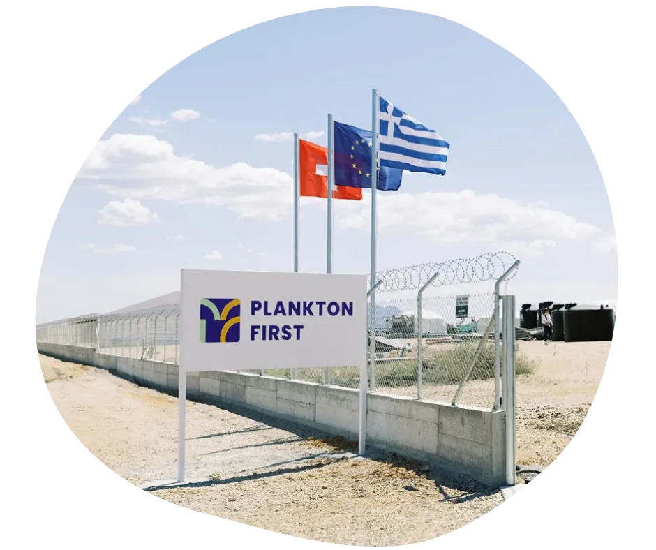 Fenced outdoor area with a sign reading 'PLANKTON FIRST' and three flags of Greece, the European Union, and Switzerland flying behind it.