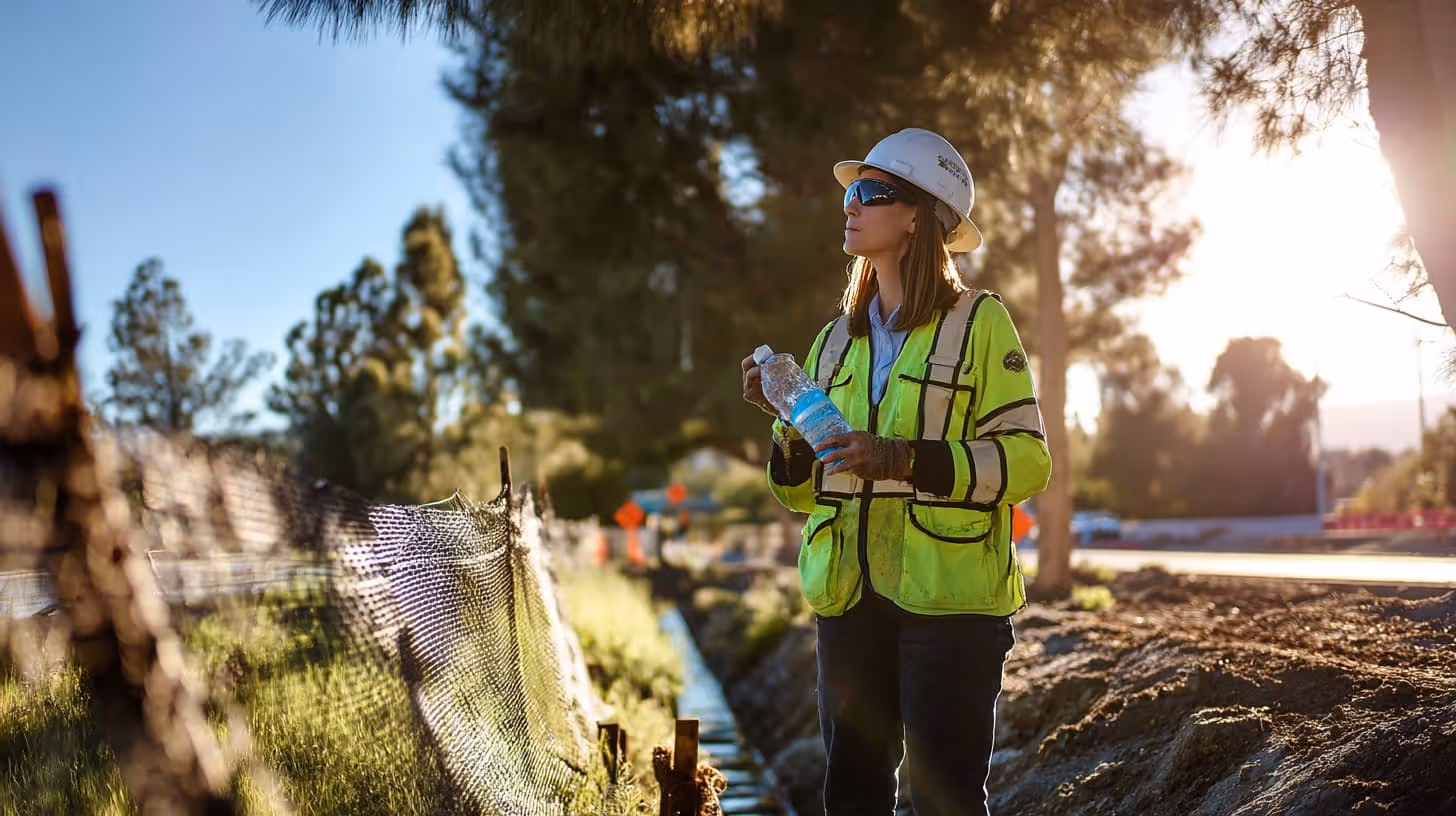Woman in a safety vest and hard hat holding a water bottle at a construction site near a fence and dirt pathway during sunset.