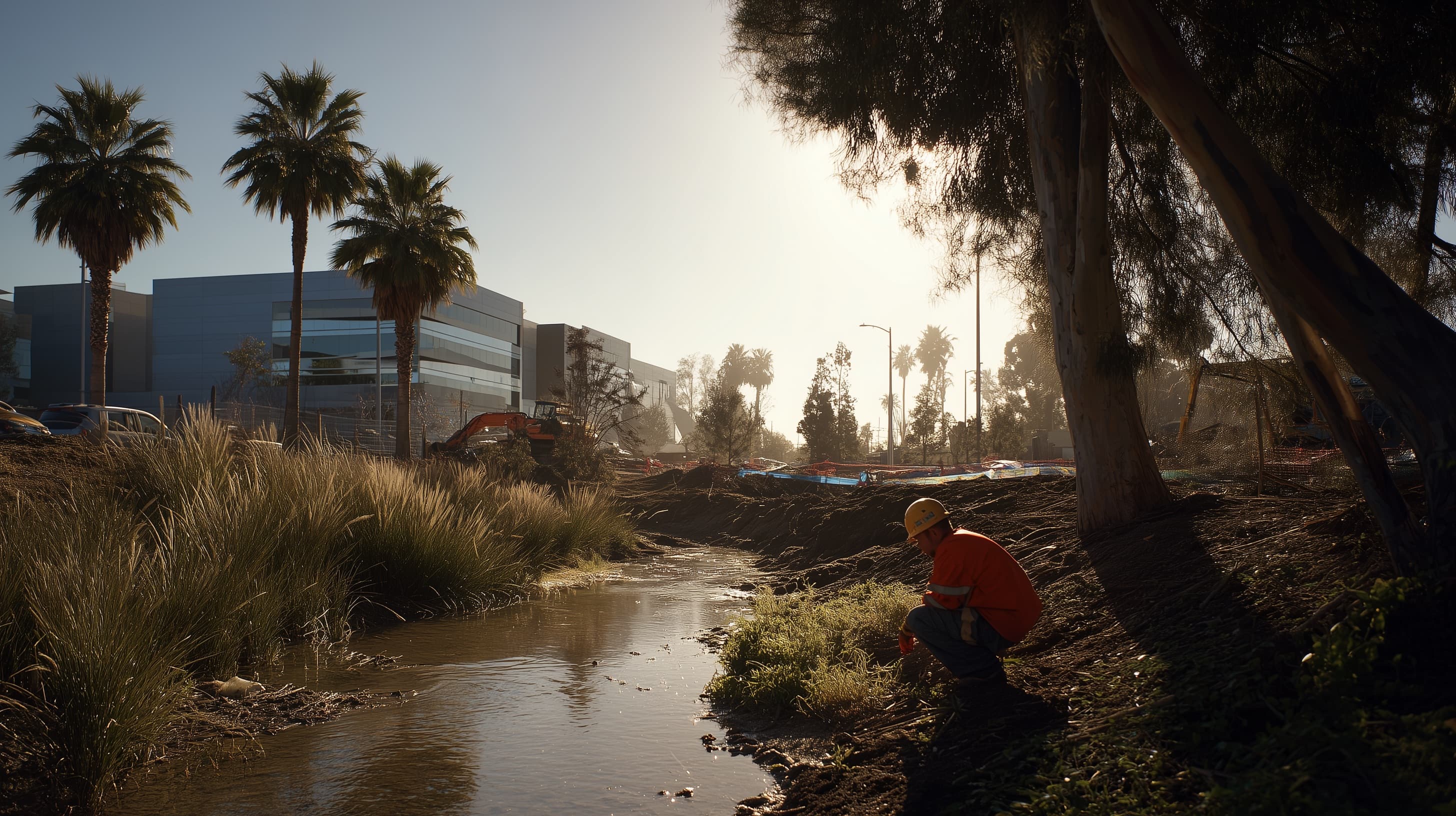 Construction worker in orange safety gear and yellow helmet crouching by a small river with palm trees and office buildings in the background at sunset.