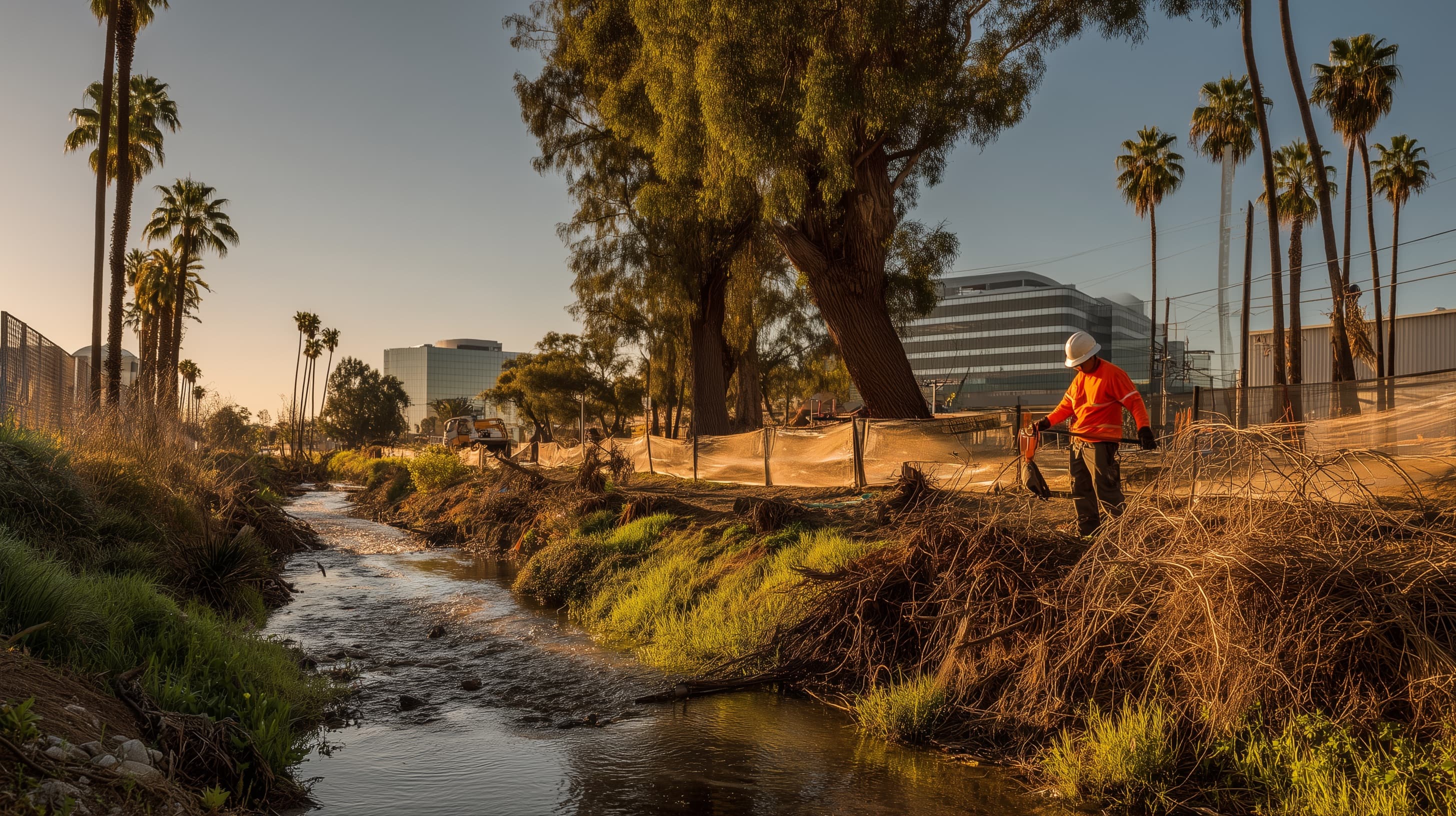 Construction worker in orange shirt and white helmet standing near a creek with palm trees and office buildings in the background at sunset.