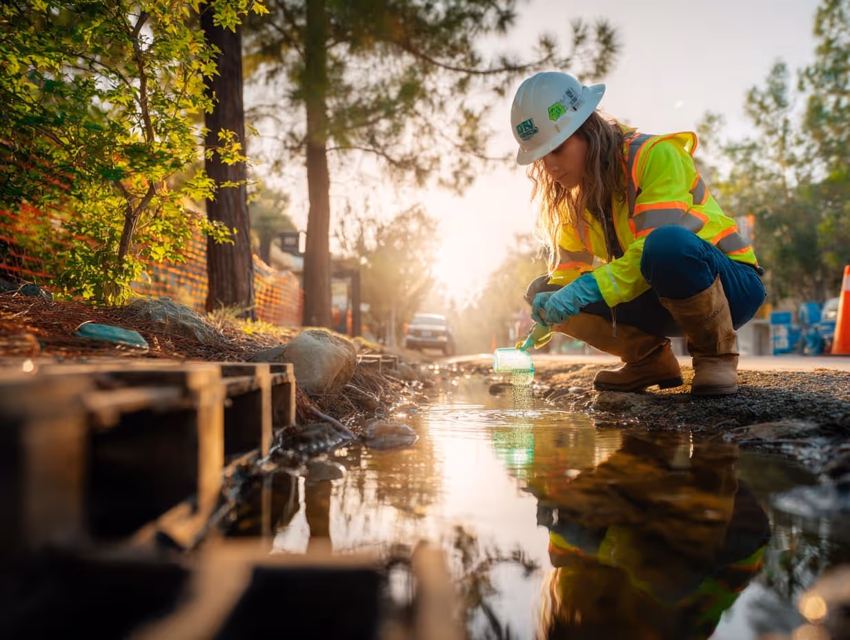 Worker in safety gear collecting water sample from a roadside puddle during sunset.