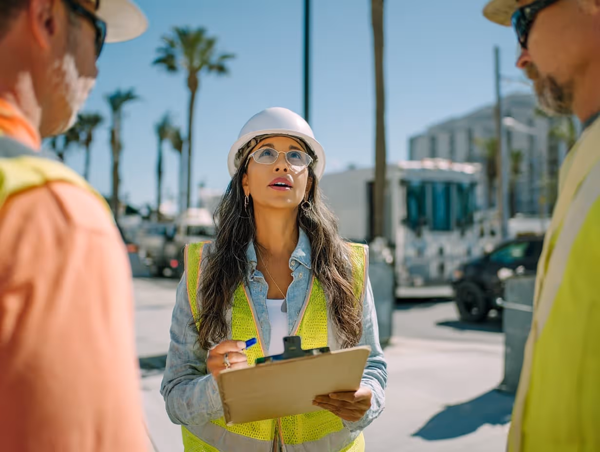 Female construction worker wearing a white hard hat and yellow safety vest holding a clipboard and pen, talking to two male coworkers outdoors.