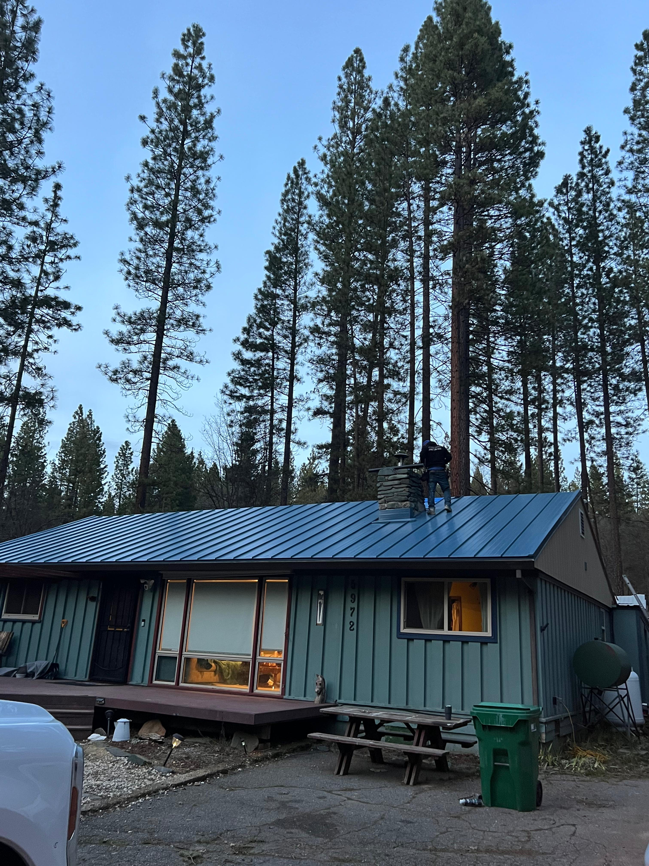 Person working on a blue metal roof of a green cabin surrounded by tall pine trees at dusk.