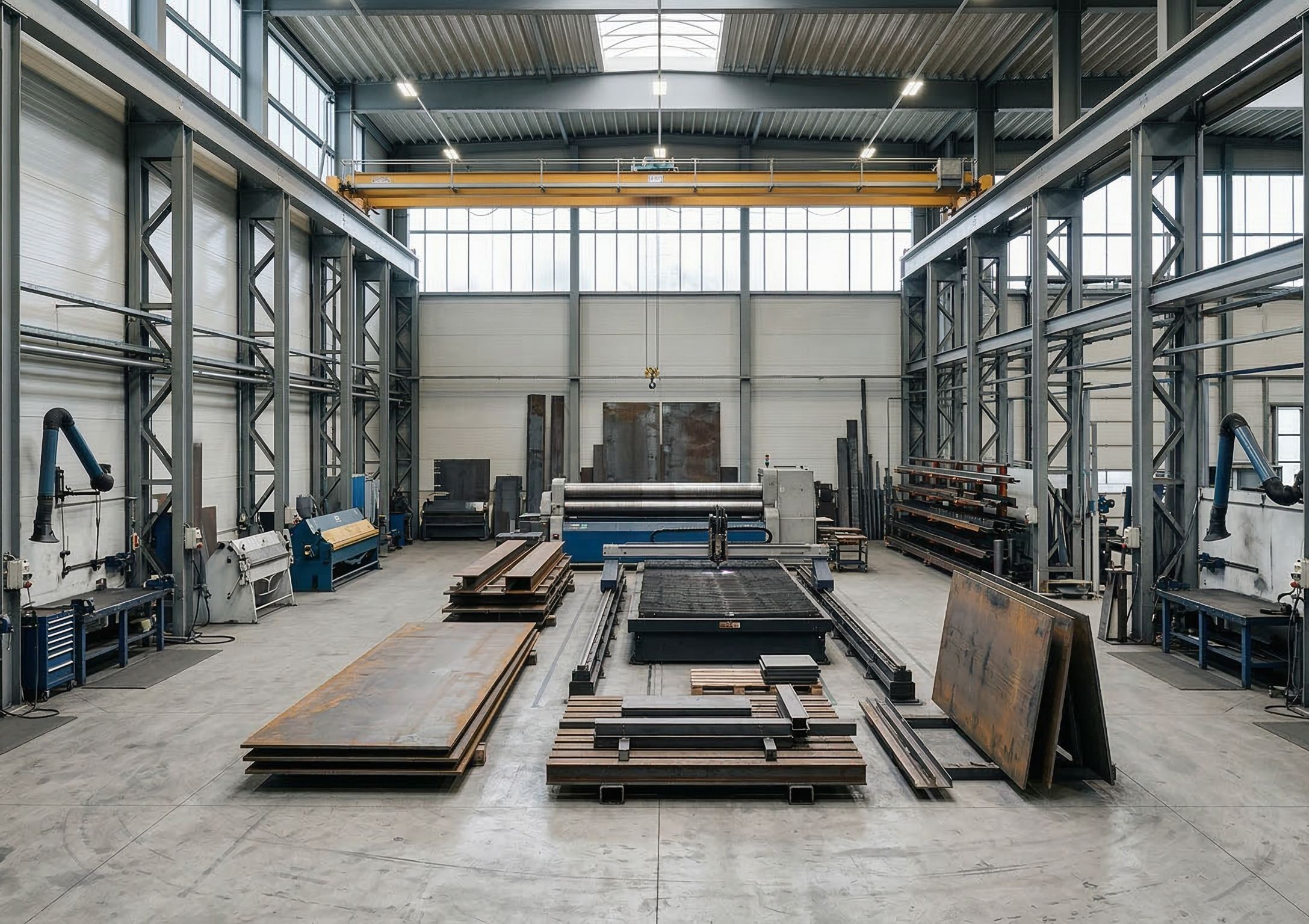 Industrihall med stålkonstruksjoner og tungt metallarbeid