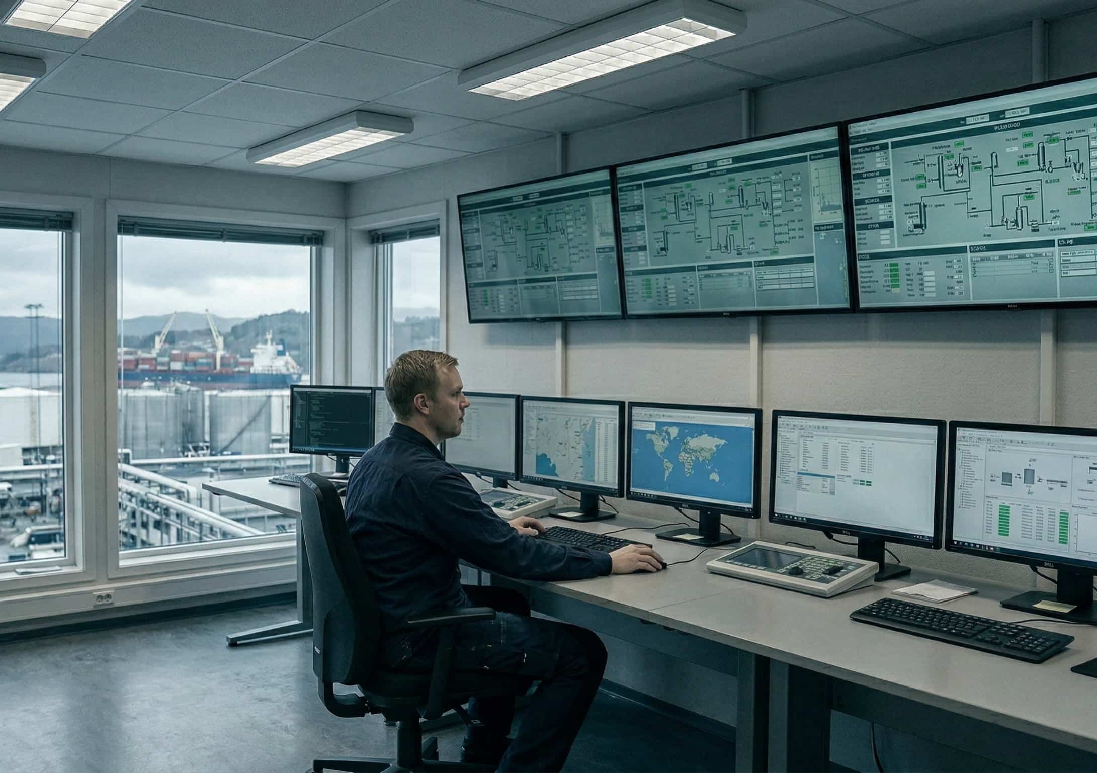 Ingeniører i industrielt kontrollrom med SCADA-overvåkning og prosessdata