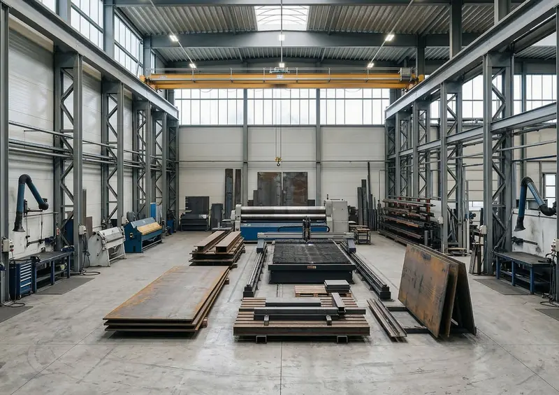 Industrihall med stålkonstruksjoner og tungt metallarbeid