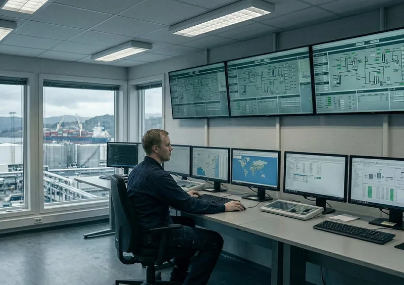 Ingeniører i industrielt kontrollrom med SCADA-overvåkning og prosessdata