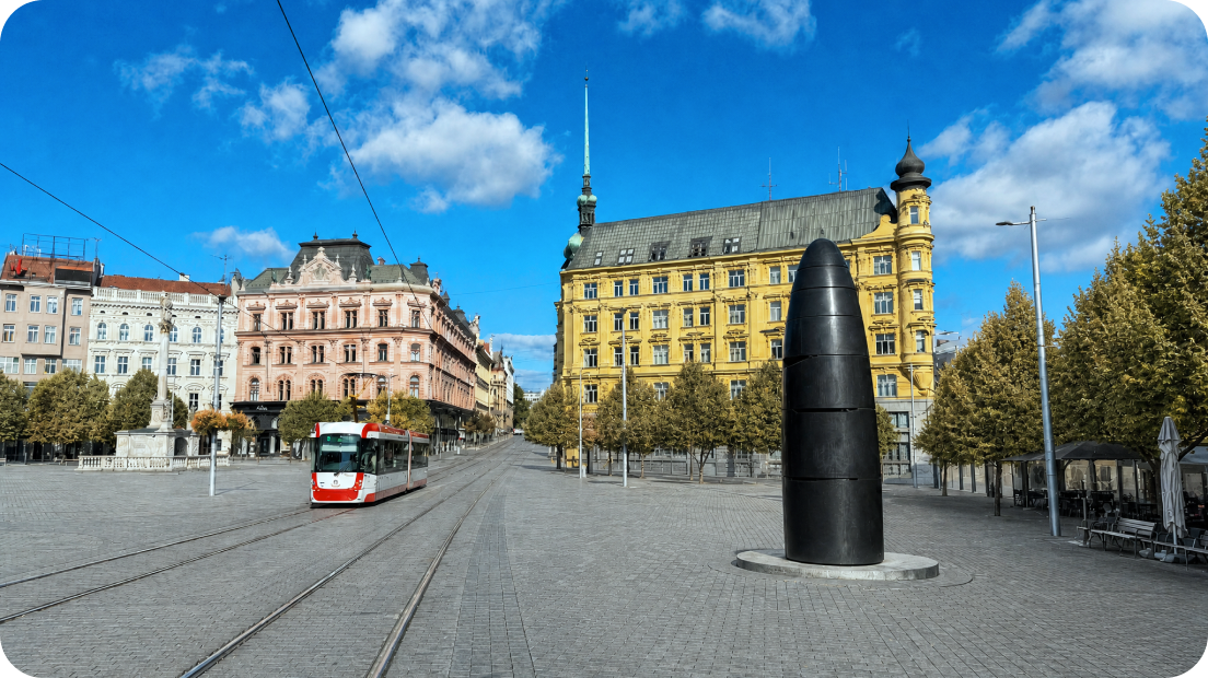 Brno main square with the astronomical clock, near the Notum office