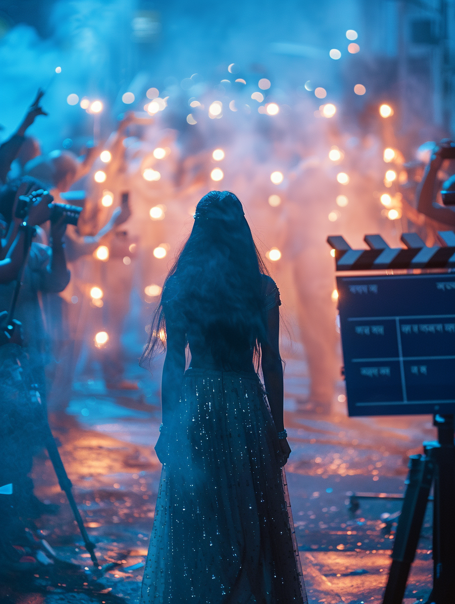 A woman in a sparkling dress stands with her back to the camera amid a smoky, festive crowd holding lights.