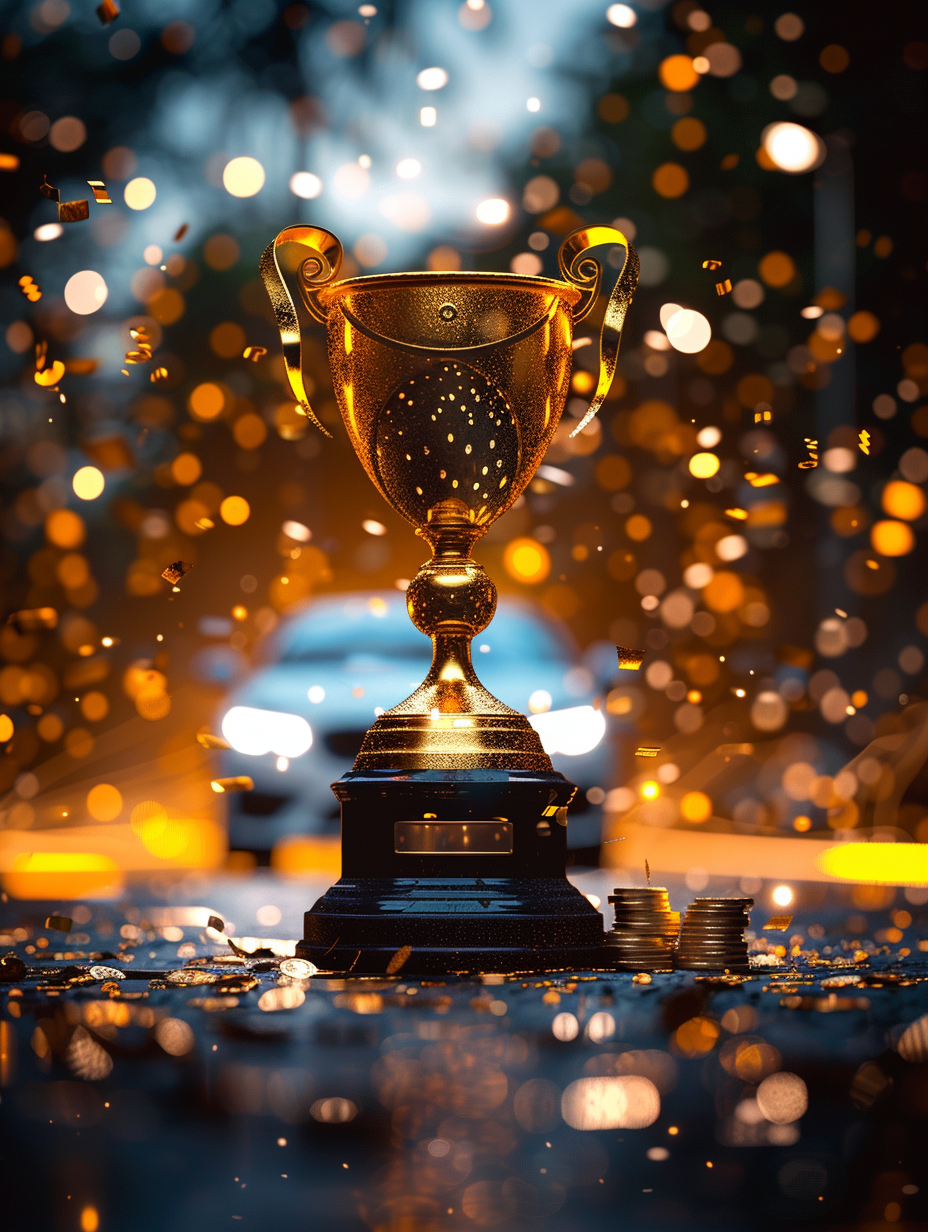 Golden trophy cup on a black base surrounded by scattered coins and confetti with a blurred car and warm lights in the background.