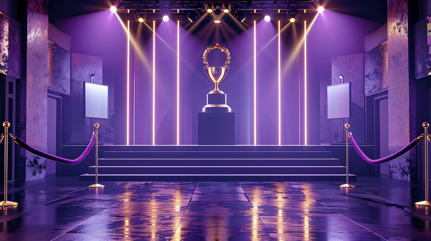 Golden trophy with a laurel wreath on a pedestal, illuminated by purple stage lights with velvet ropes and reflective floor.