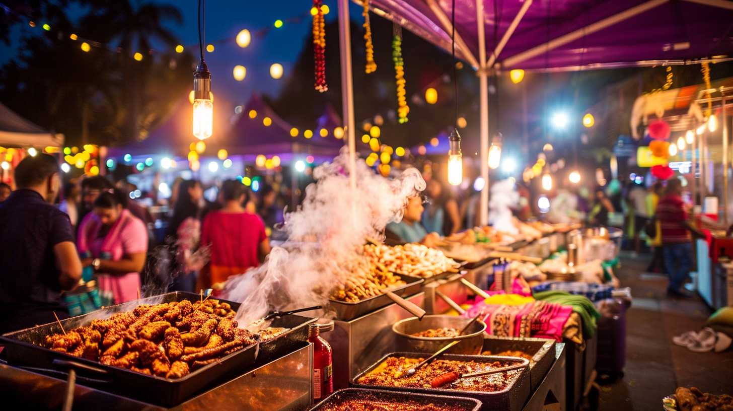 Night market food stalls with skewers, fried snacks, and steaming hot dishes under hanging lights and colorful decorations.